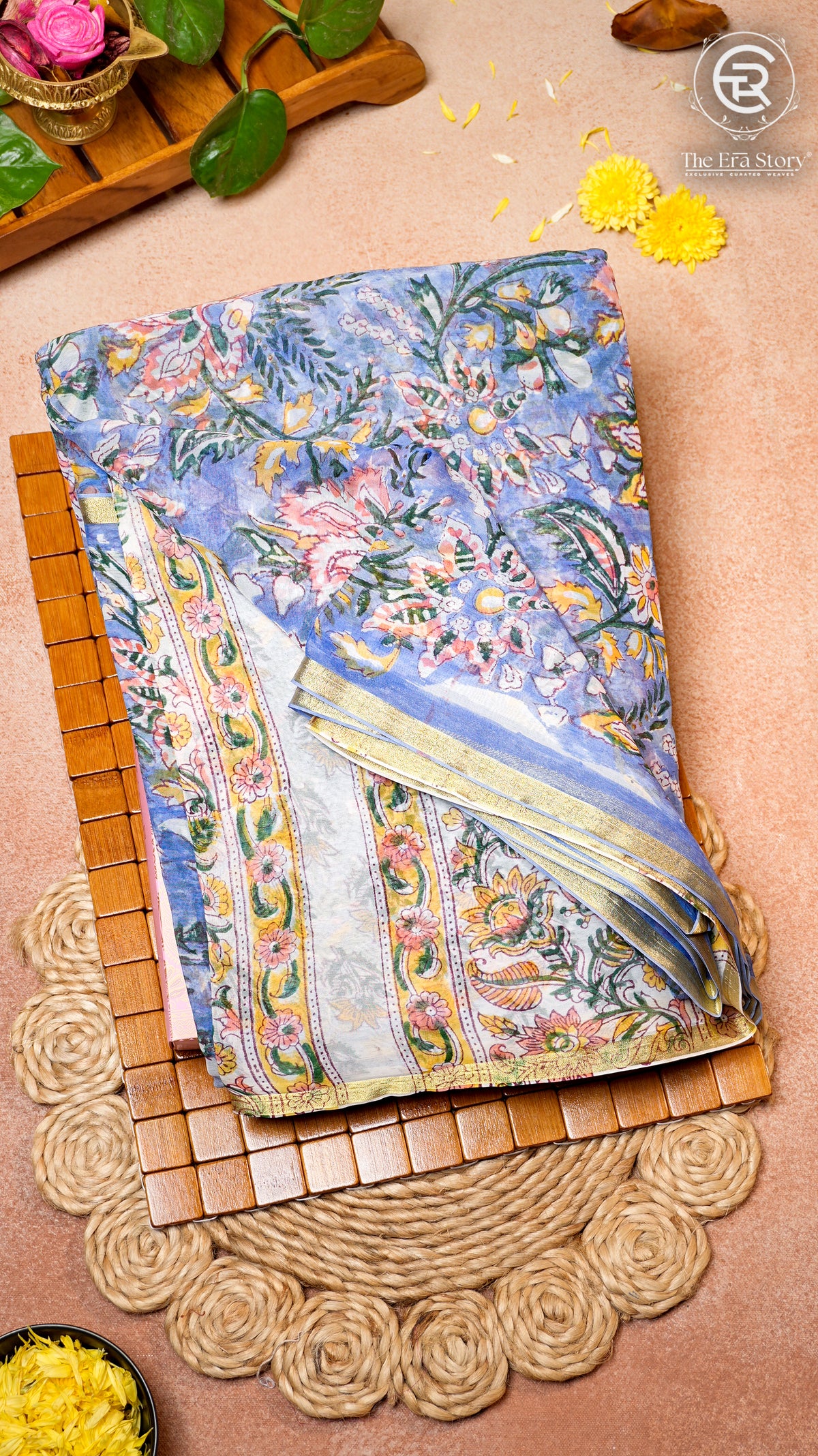Baby Blue and Pink Floral Handblocked Pure Double Chiffon Sarees