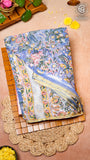 Baby Blue and Pink Floral Handblocked Pure Double Chiffon Sarees