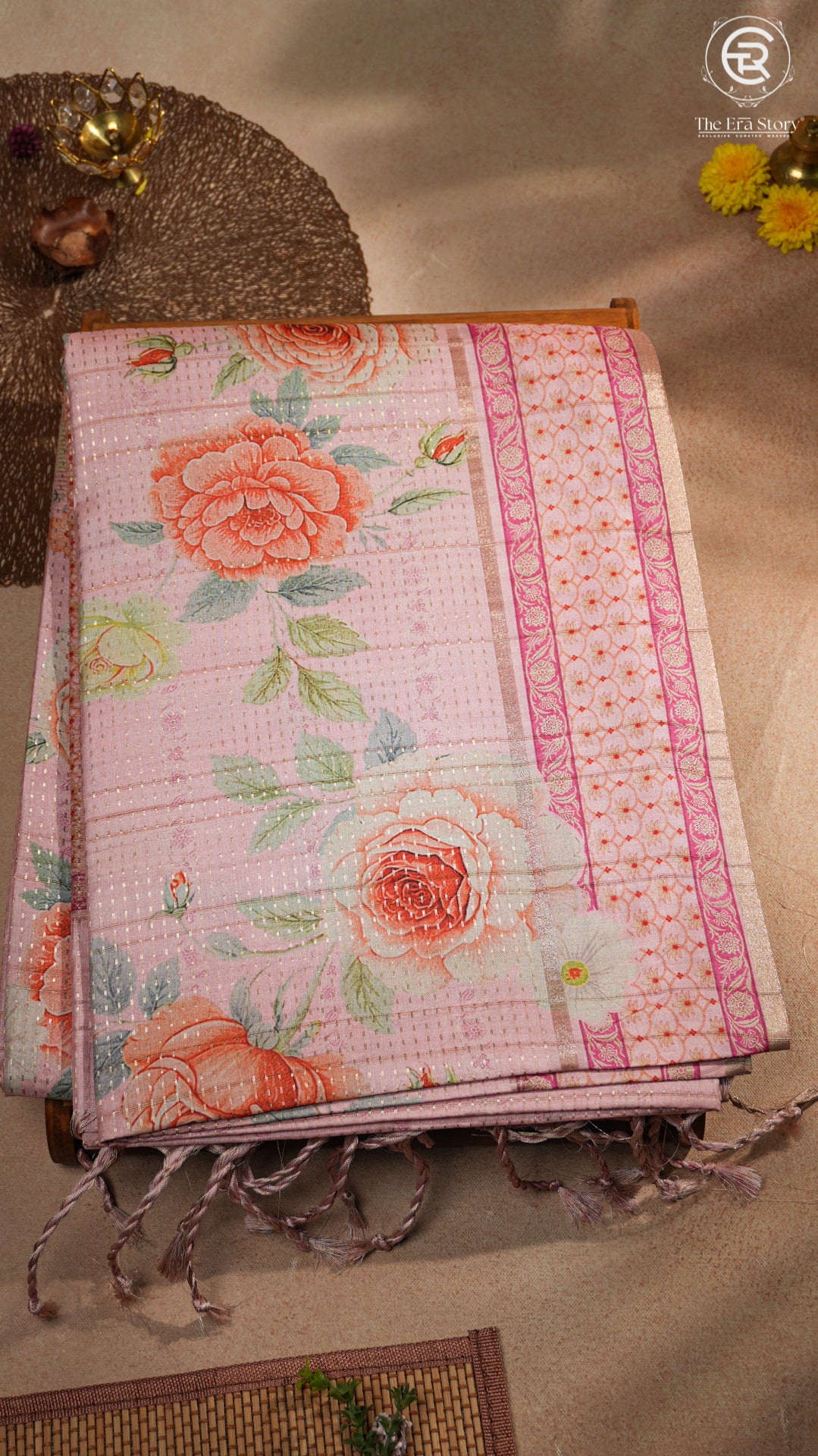 Baby Pink Rose Floral Kantha Matka Tussar Silk Saree