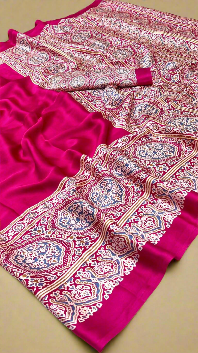 Pink Ajrakh Contemporary Satin Modal Silk Saree