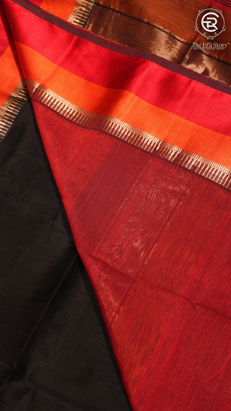 Black with Red–Orange Handloom Pure Maheshwari Silk Saree