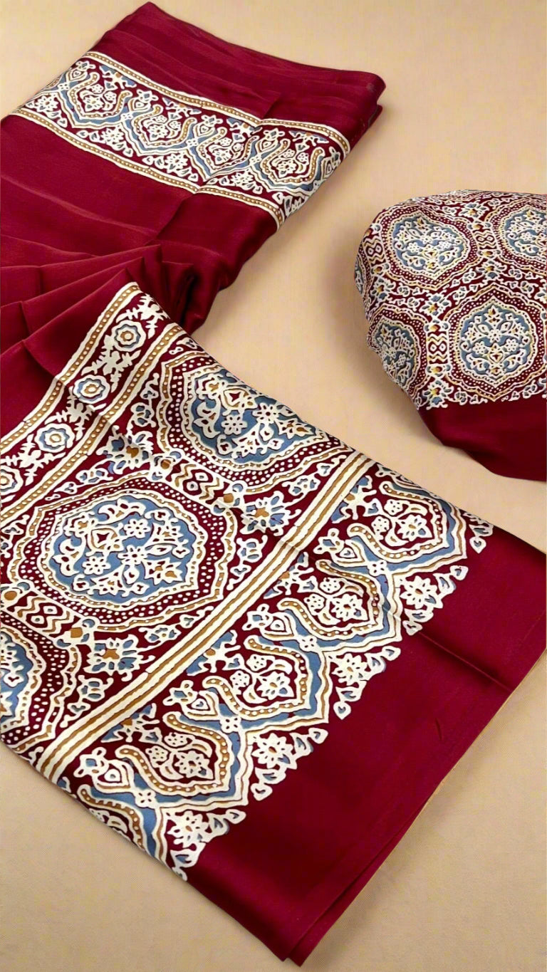 Maroon Ajrakh Contemporary Satin Modal Silk Saree