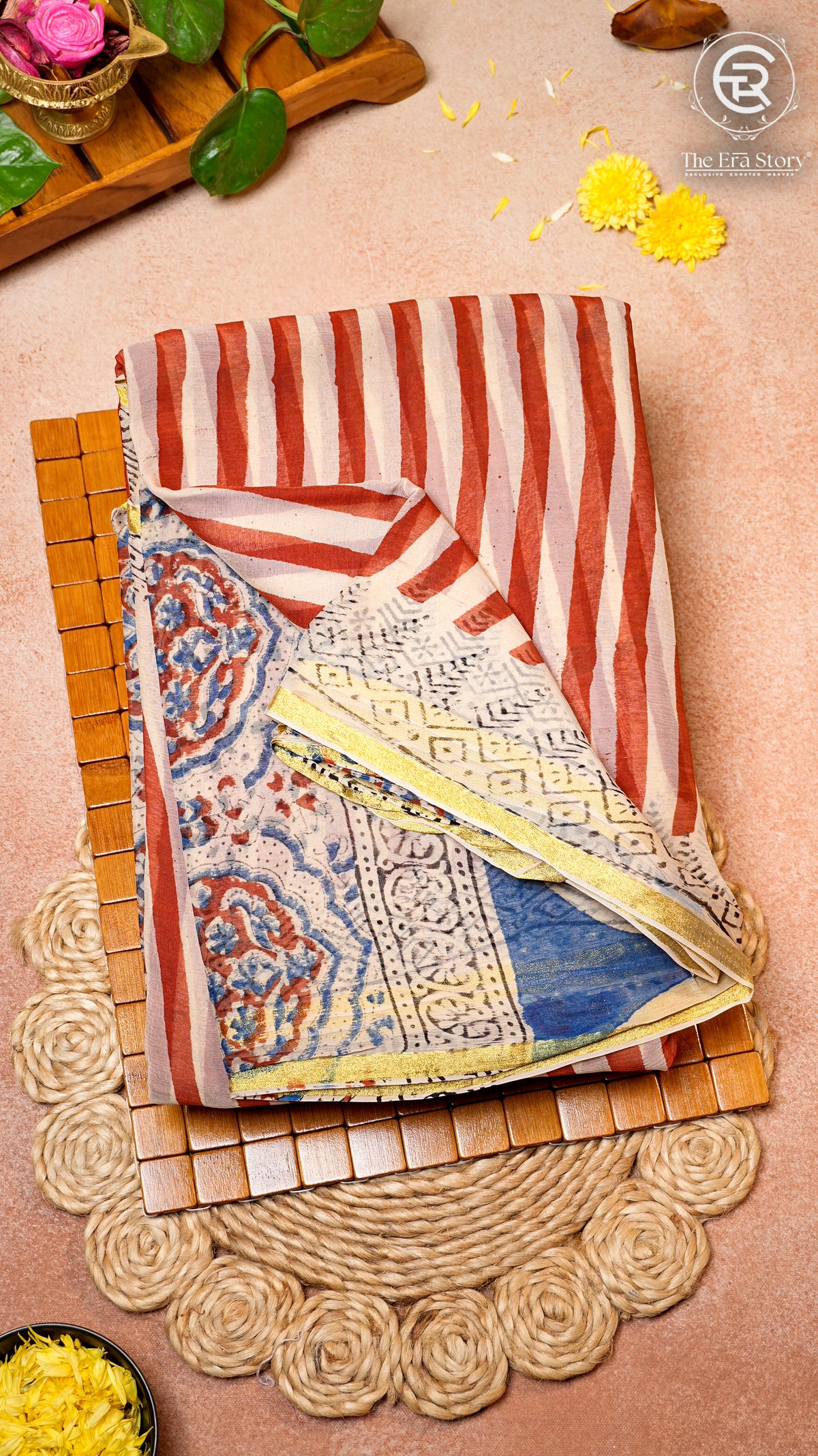 White and Red Line Patterned Handblocked Pure Double Chiffon Sarees