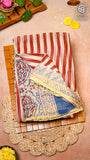 White and Red Line Patterned Handblocked Pure Double Chiffon Sarees