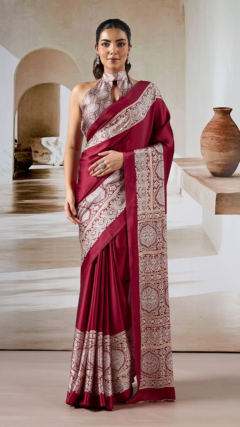 Maroon Ajrakh Contemporary Satin Modal Silk Saree