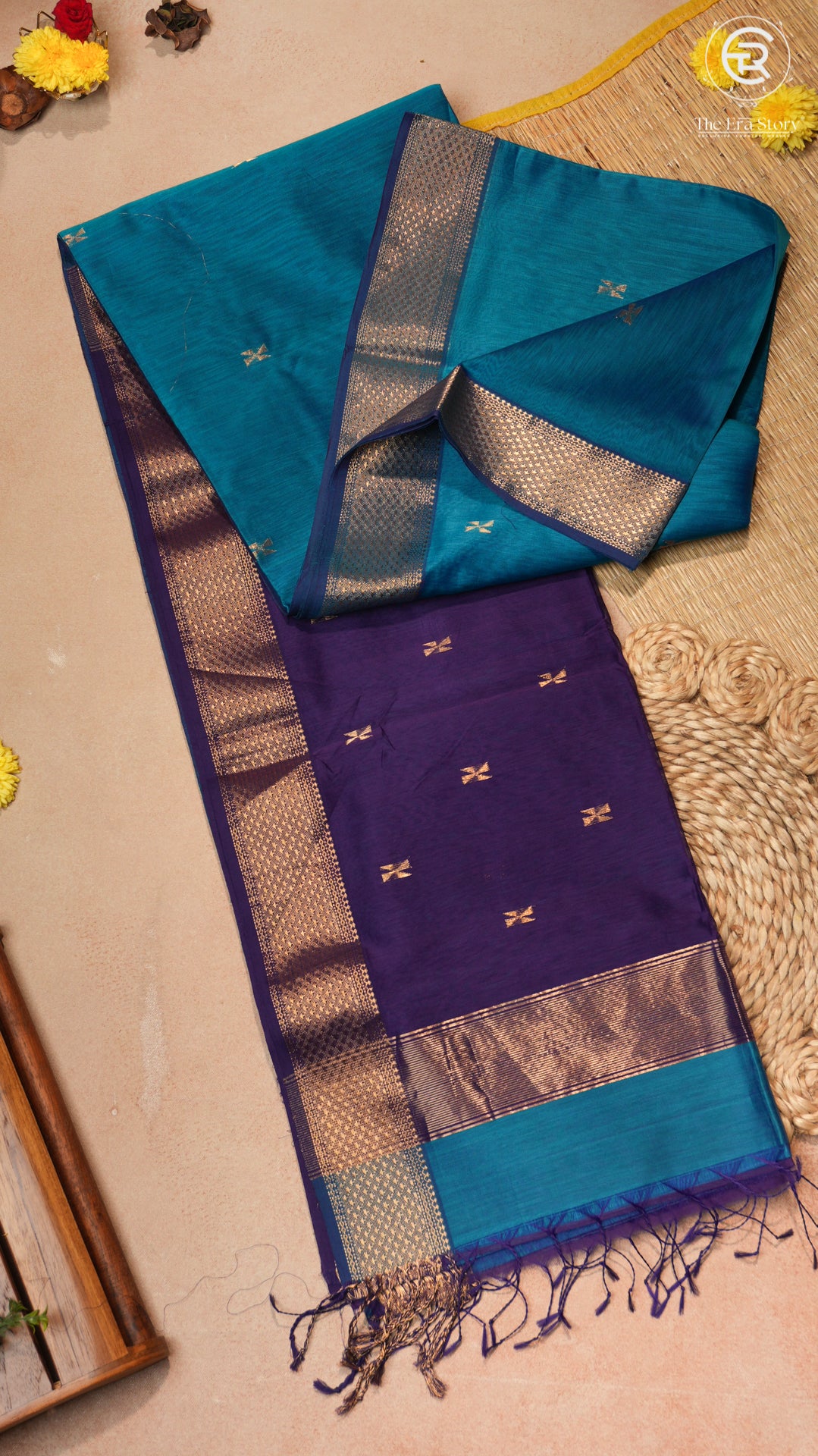 Peacock Blue Zari Swastik Butta Handloom Pure Maheshwari Silk Saree