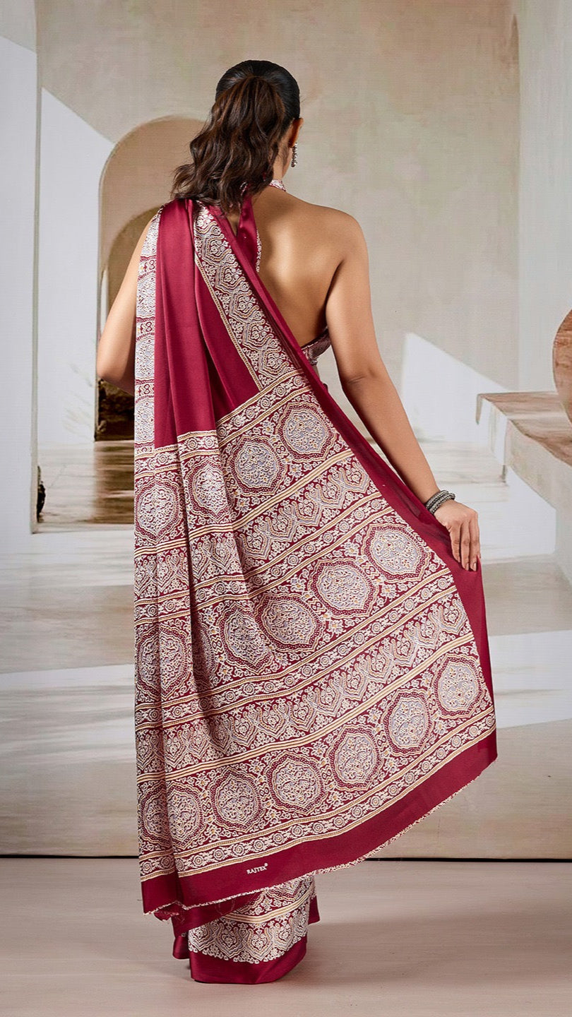 Maroon Ajrakh Contemporary Satin Modal Silk Saree