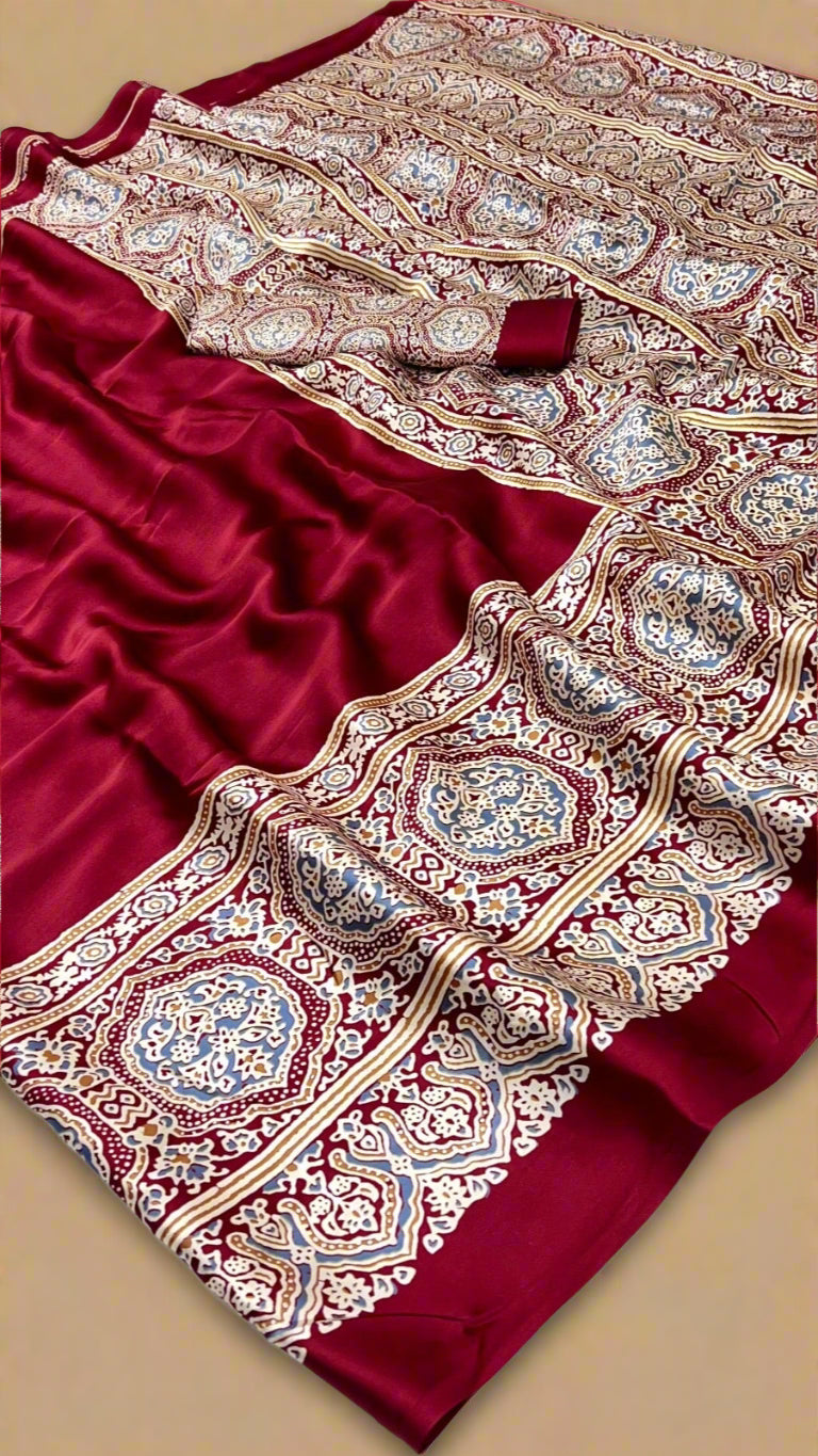 Maroon Ajrakh Contemporary Satin Modal Silk Saree