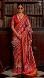 Peach Red & Yellow Kalamkari Patola Saree