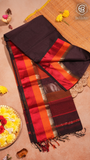 Espresso Brown with Red–Orange Handloom Pure Maheshwari Silk Saree