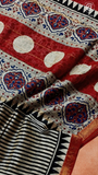 White & Black Line Patterned Handblocked Pure Maheshwari Cotton Sarees