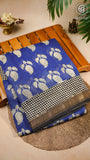 Navy Blue & Beige Handblocked Maheshwari Cotton Silk Saree