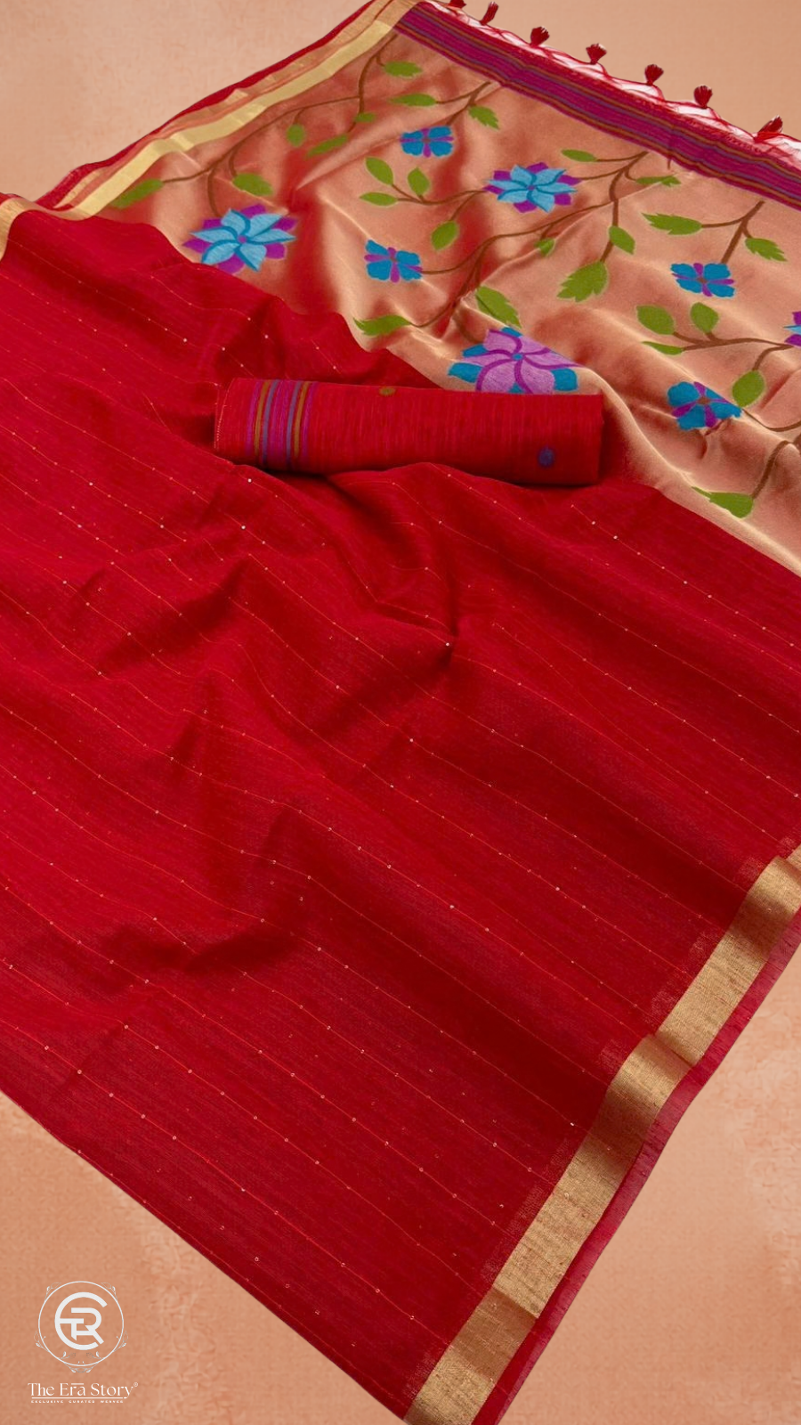 Crimson Red & Gold Multicolor Floral Tussar Silk Saree