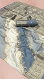 Grey & White Rangkat Zari Weaved Banarasi Silk Saree