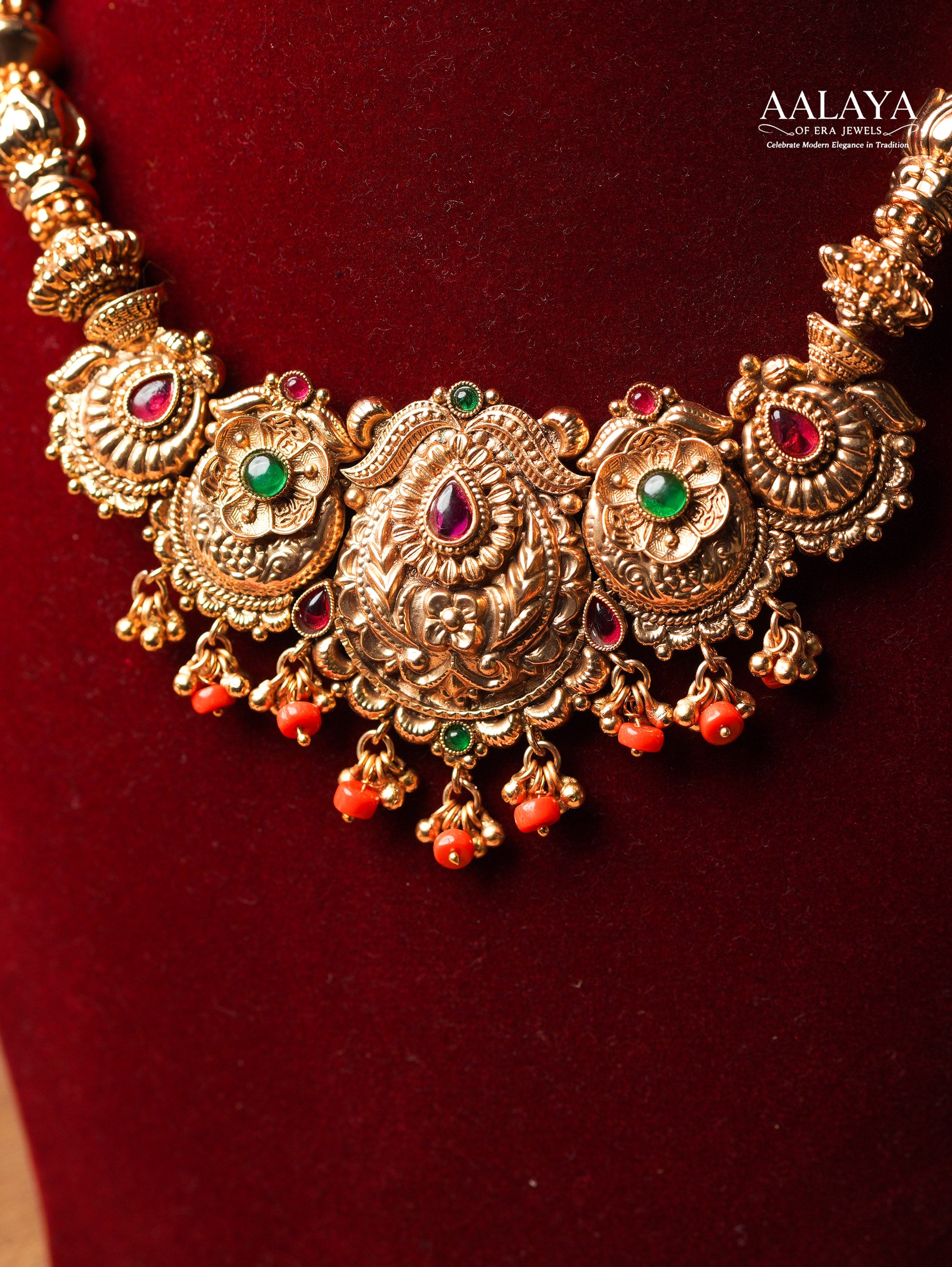 Aalaya Antique Gold Floral Heritage Necklace Set