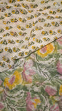 Sage Green & Pink Yellow Floral Handblocked Pure Double Chiffon Saree