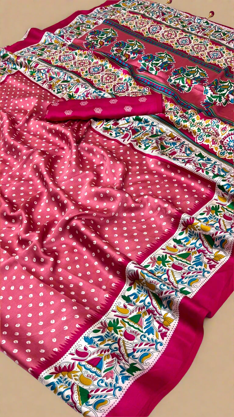 Red Bandhini Floral Ajrakh Gajji Silk Saree