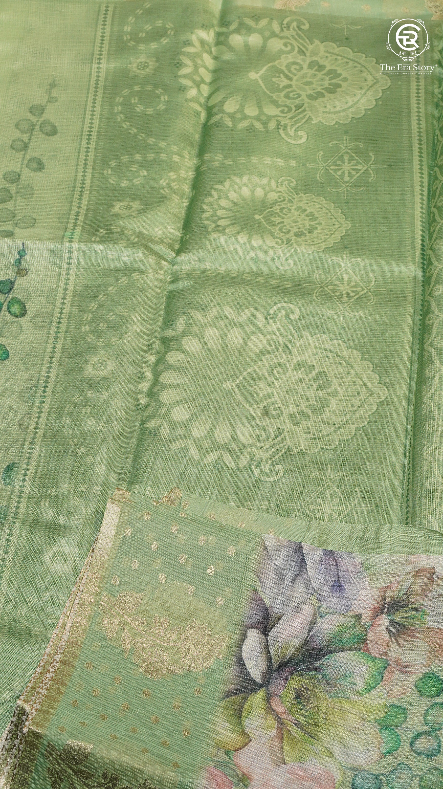 Green Lotus Floral Kota Doria Saree