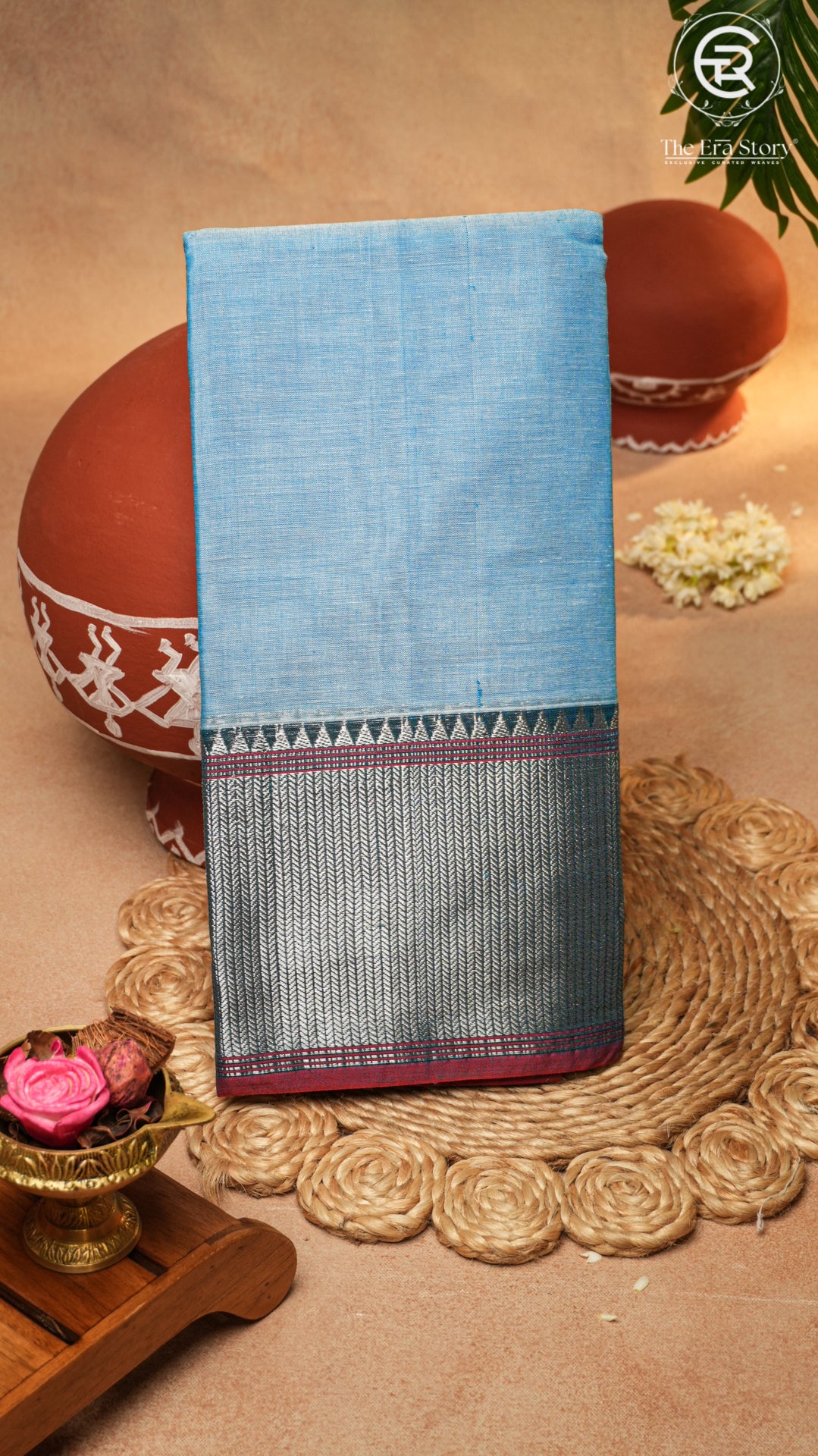 Baby Blue Temple Checked Border Handloom Narayanpet Cotton Saree