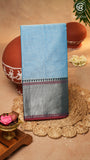 Baby Blue Temple Checked Border Handloom Narayanpet Cotton Saree
