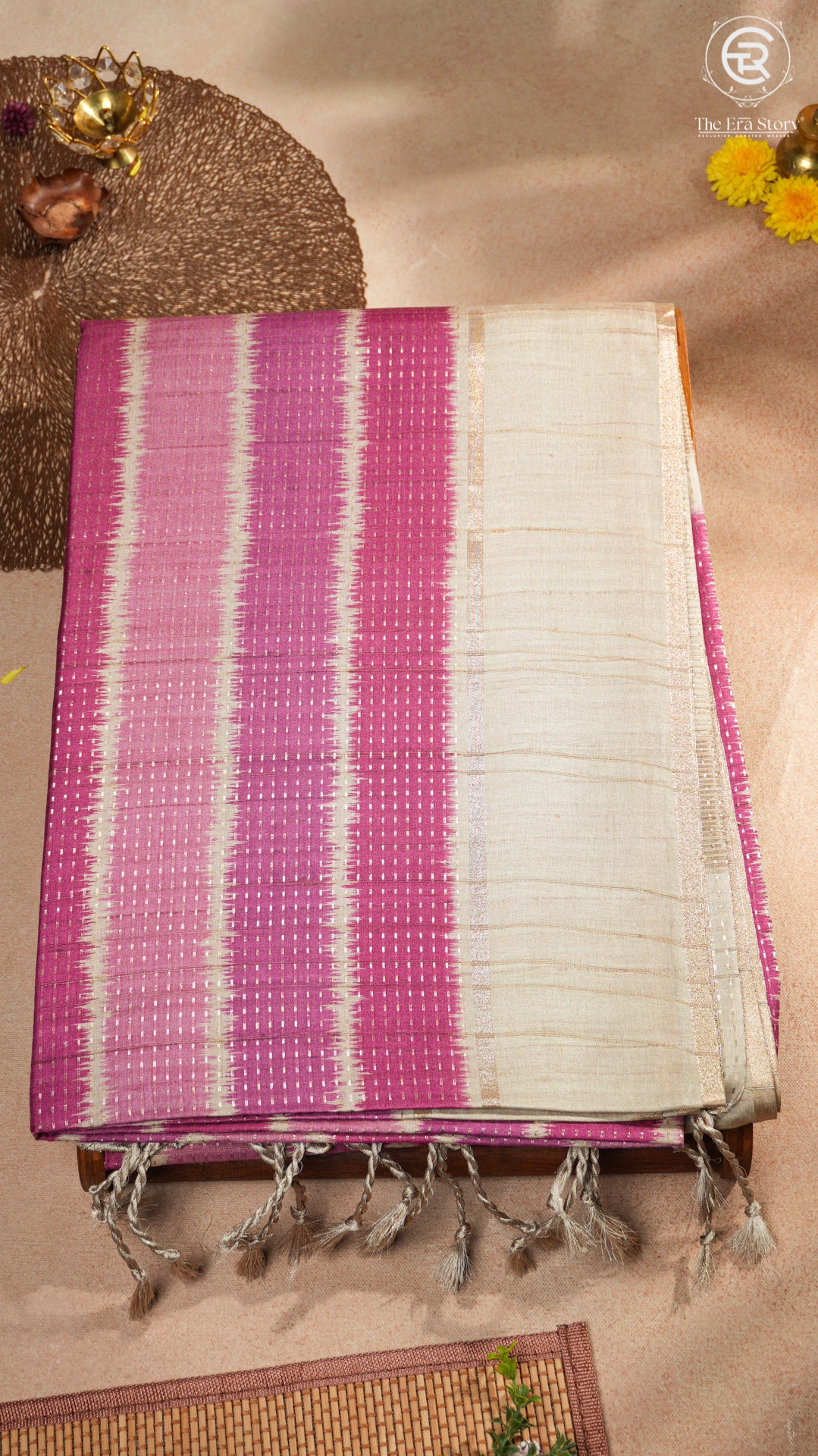 Purple and Beige Kantha Matka Tussar Silk Saree