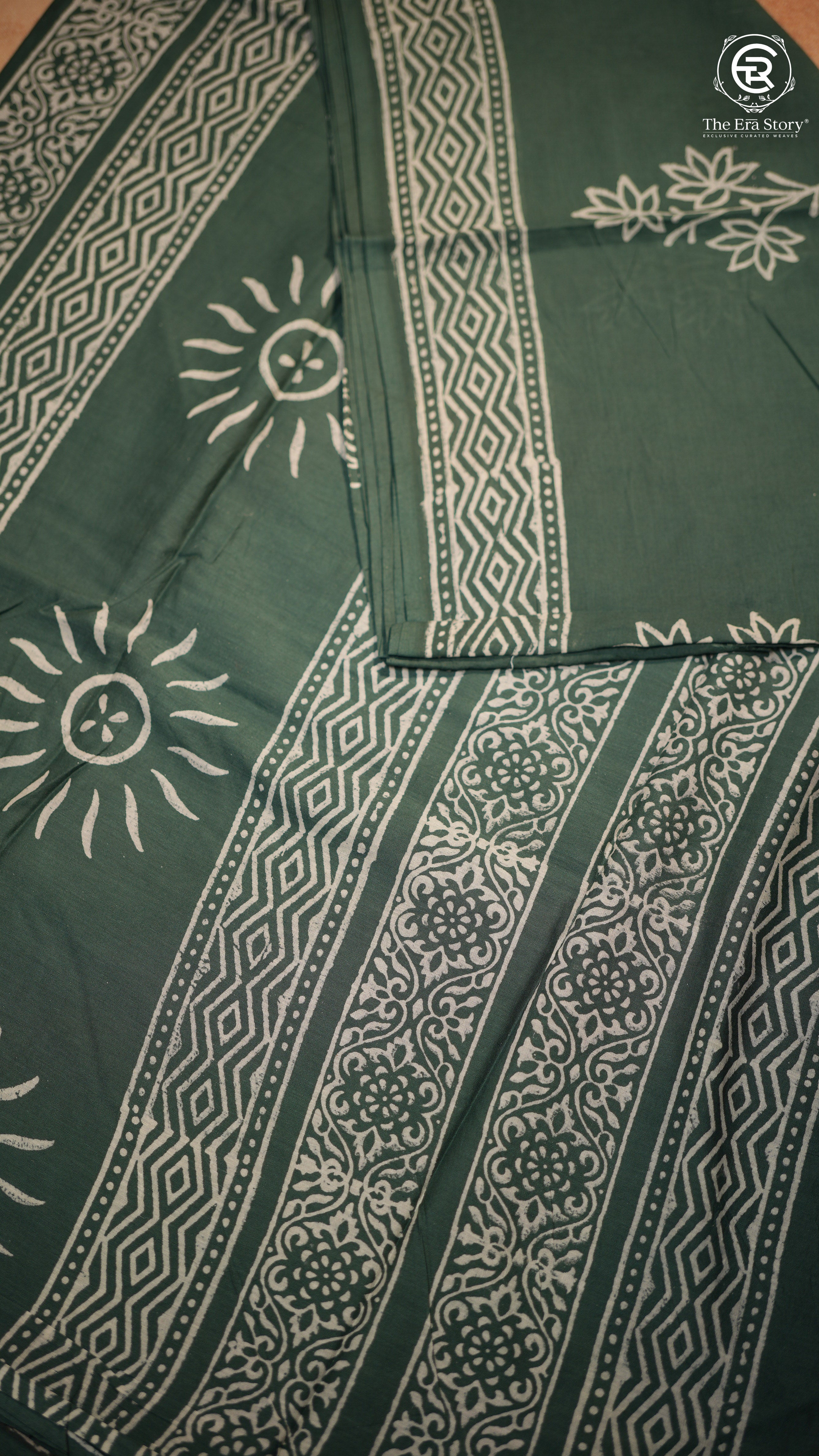 Sage Green & Beige Floral Handblocked Pure Mul Cotton Saree
