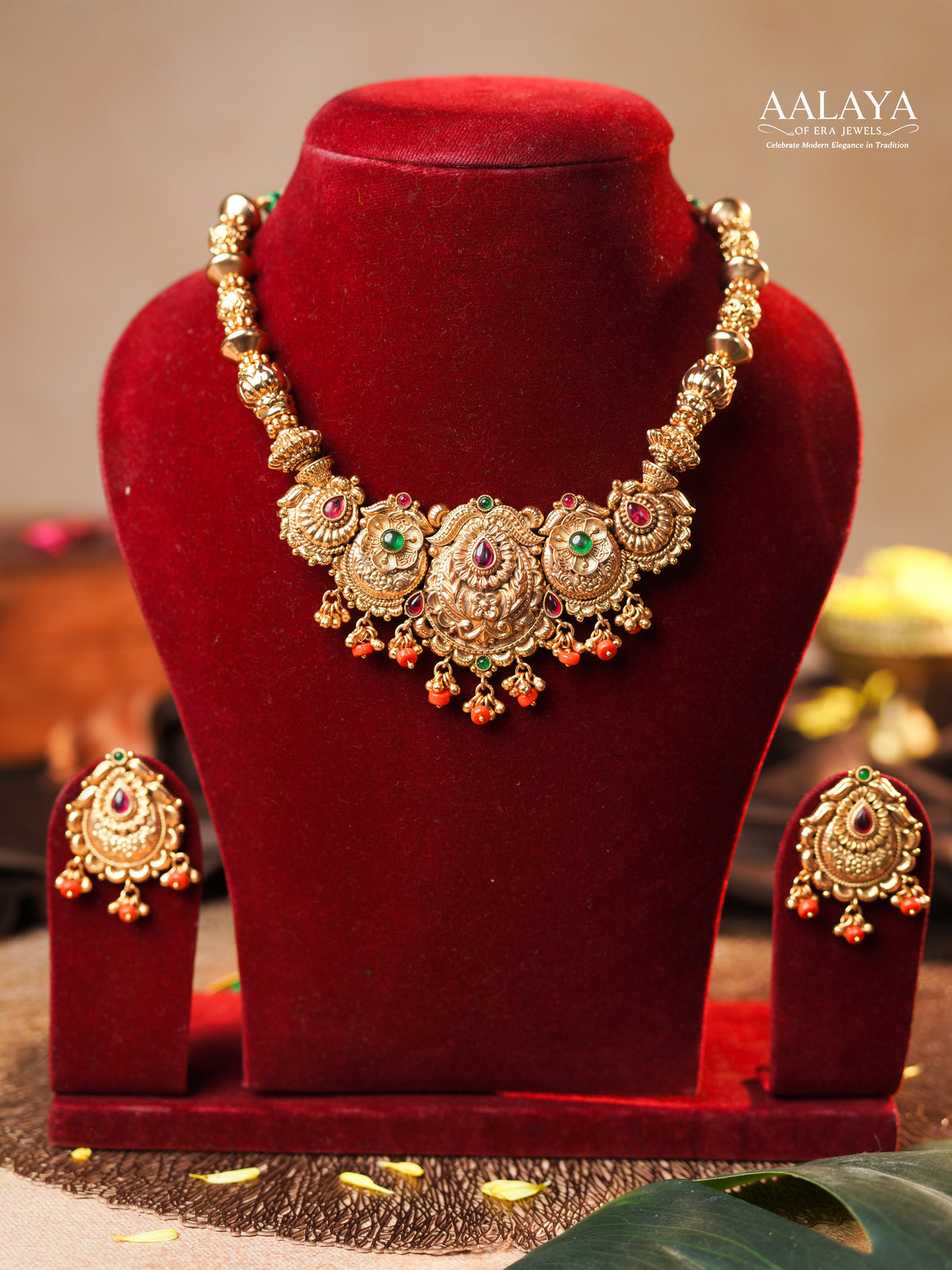 Aalaya Antique Gold Floral Heritage Necklace Set
