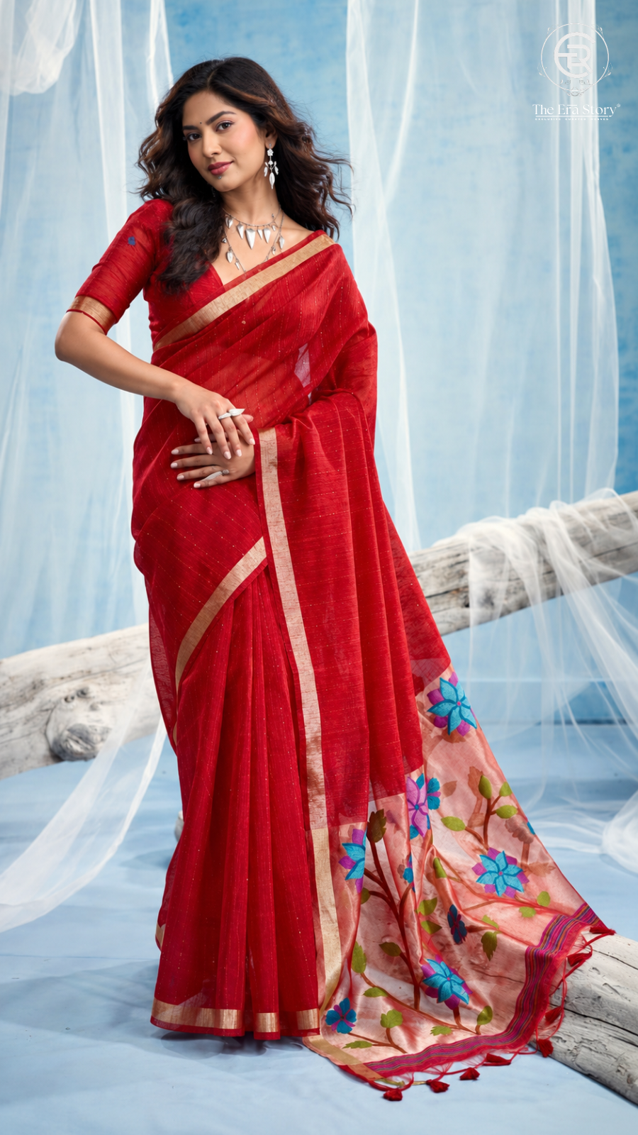 Crimson Red & Gold Multicolor Floral Tussar Silk Saree