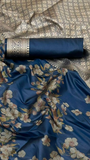 Blue and Gold Floral Satin Banarasi Silk Saree