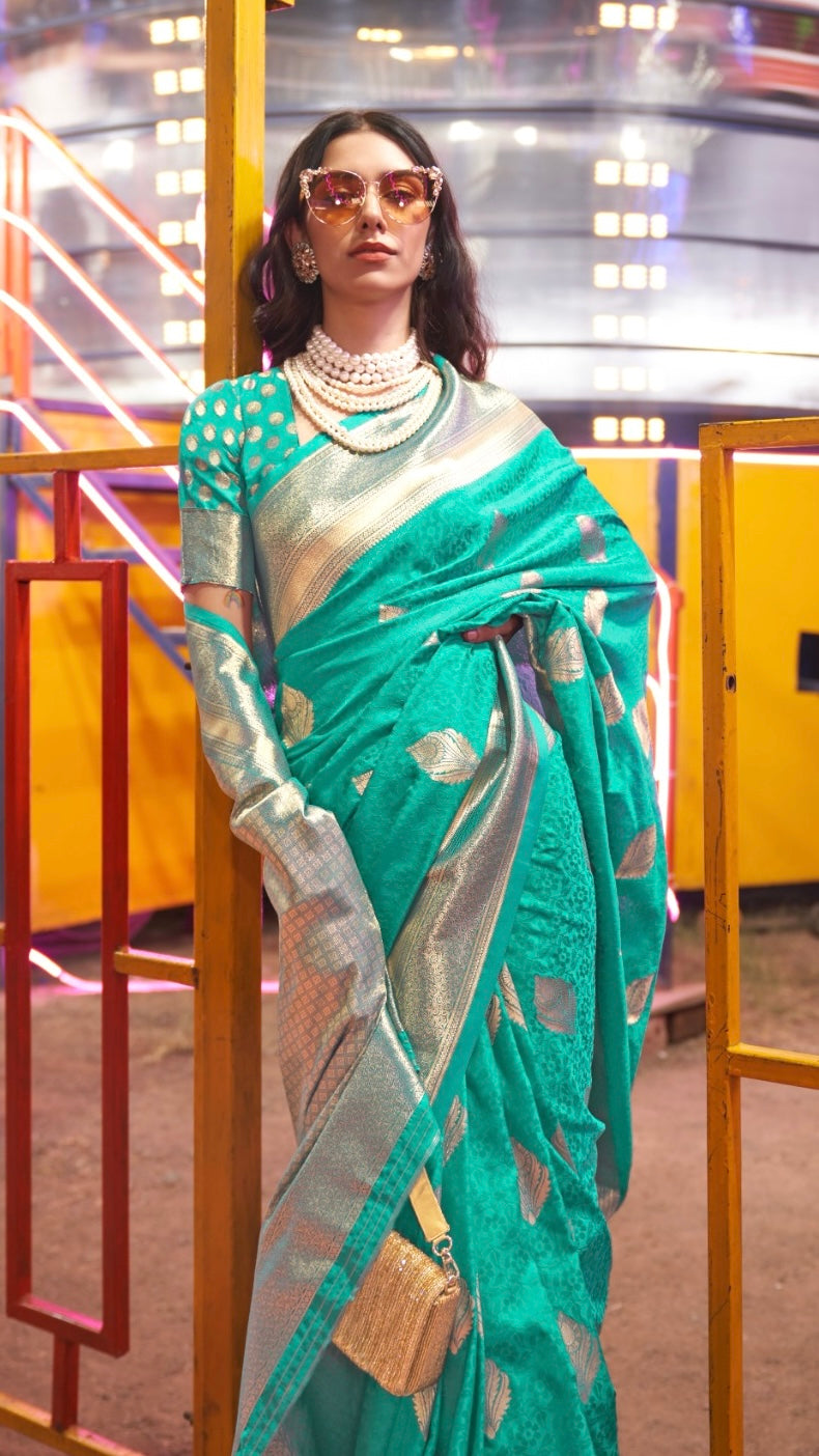 Turquoise Green Patterned Zari Weaved Banarasi Silk Saree