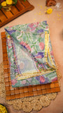 Pastel Green & Pink Blue Floral Handblocked Pure Double Chiffon Saree