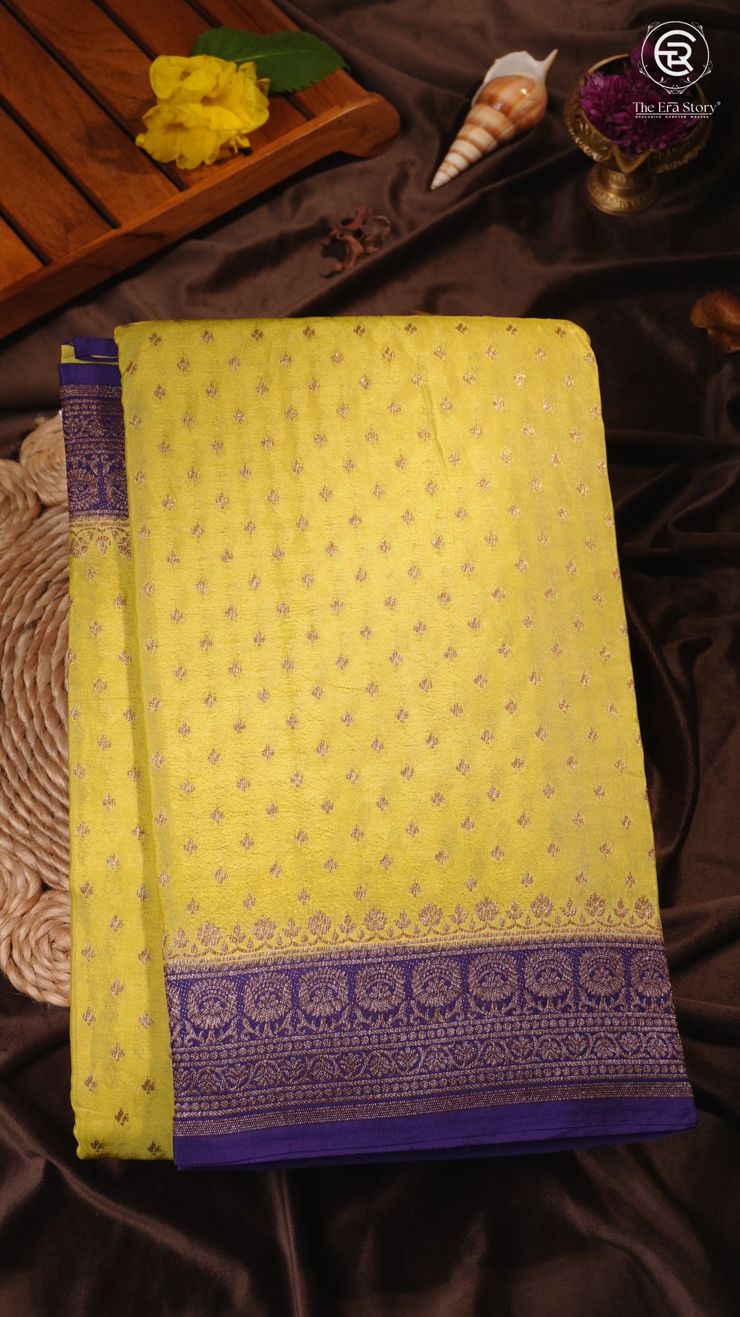 Yellow & Blue Pure Crepe Chiffon Banarasi Silk Saree