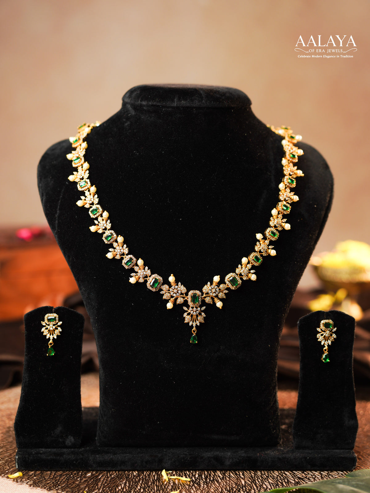 Aalaya Emerald Radiance Floral Necklace Set