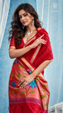 Crimson Red & Gold Multicolor Floral Tussar Silk Saree