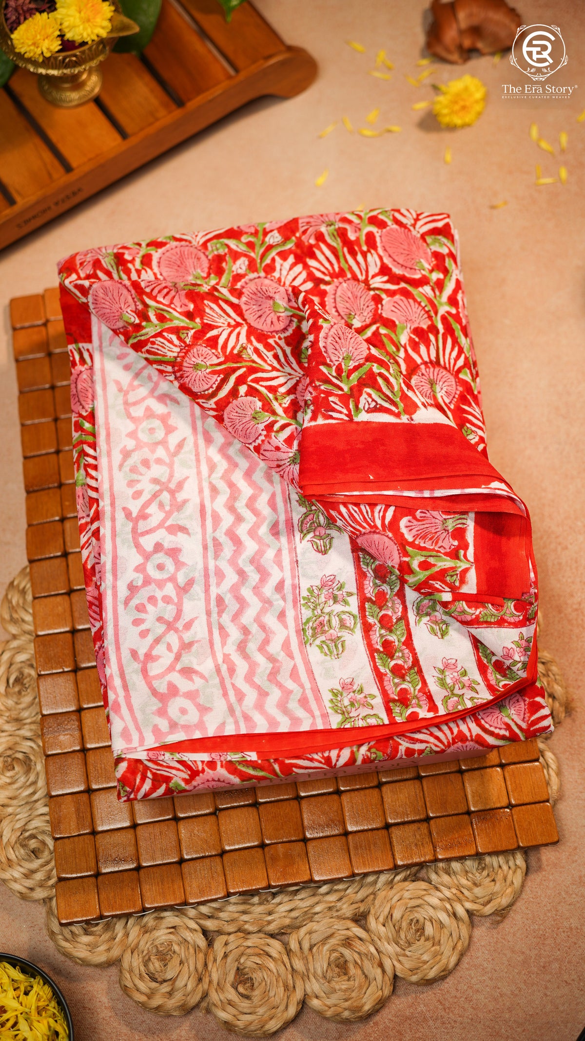 Red & Pink Palm Floral Handblocked Pure Georgette Saree