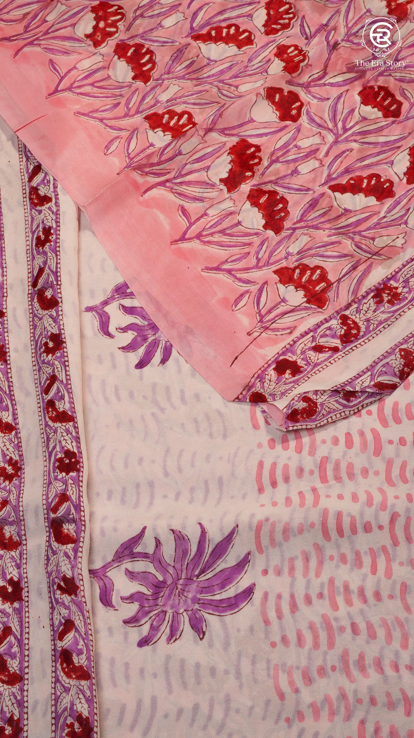 Pink & Red Vine Floral Handblocked Pure Georgette Saree