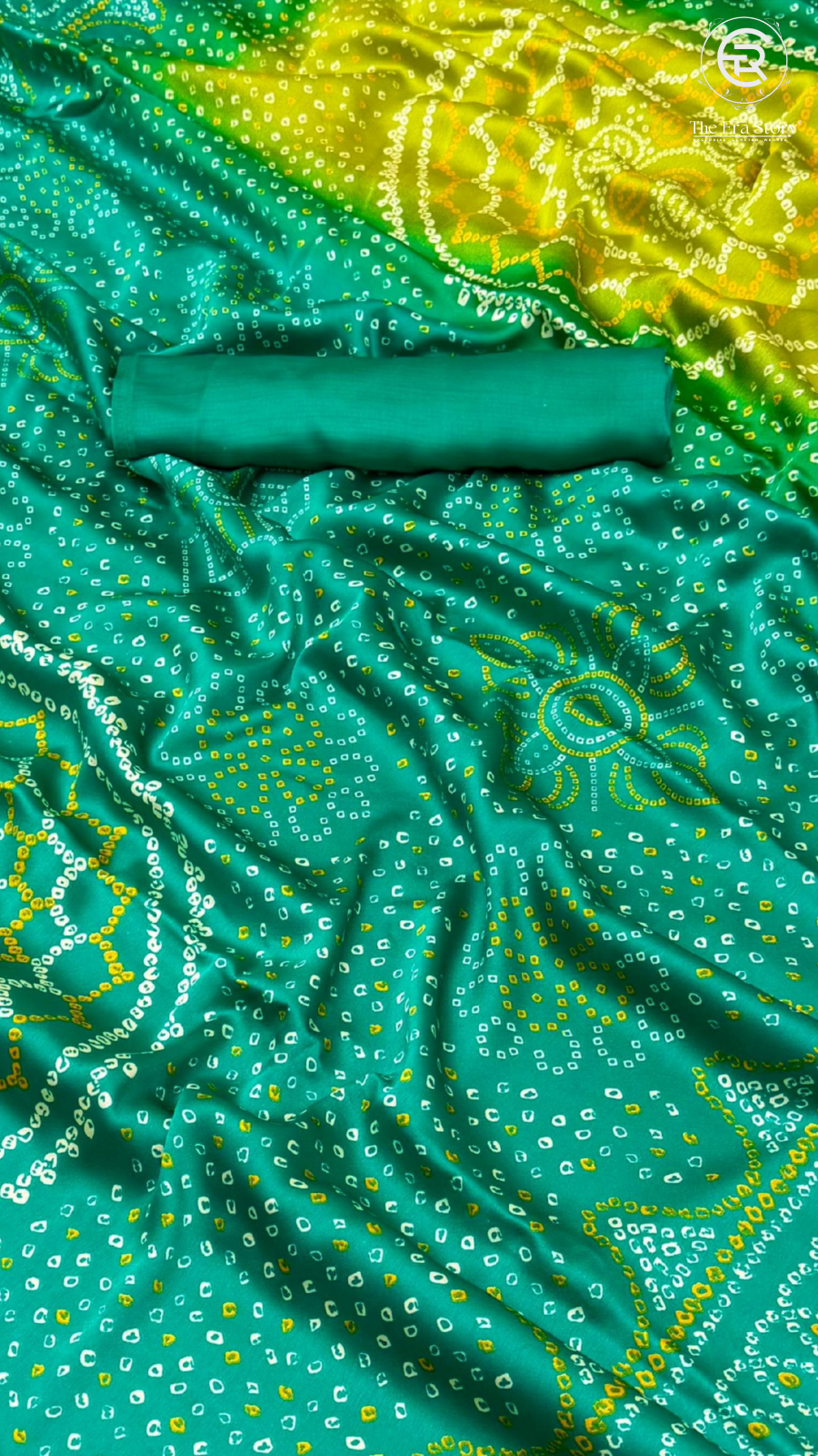 Green Yellow Ajrakh Bandhini Satin Modal Silk Saree
