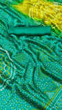 Green Yellow Ajrakh Bandhini Satin Modal Silk Saree