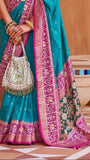 Blue and Pink Ikat Patola Contemporary Banarasi Crepe Silk Saree ERA06PBL
