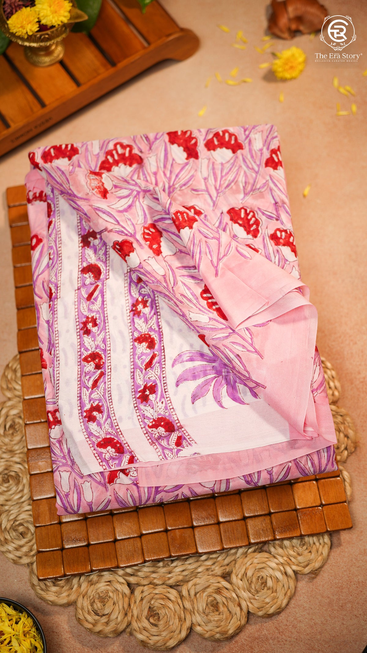 Pink & Red Vine Floral Handblocked Pure Georgette Saree