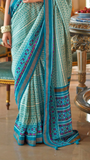 Teal Blue & White Cinderella Crepe Banarasi Saree