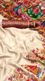 Beige & Blue Festive Print Crepe Banarasi Saree