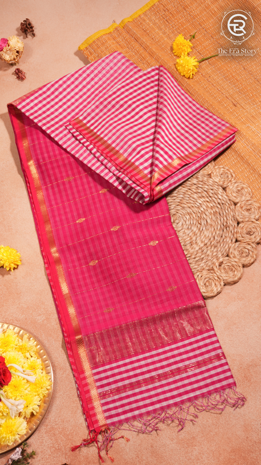 White and Pink Check Handloom Pure Maheshwari Silk Saree