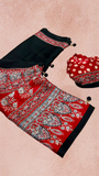 Black and Red Ajrakh Satin Crepe Silk Saree