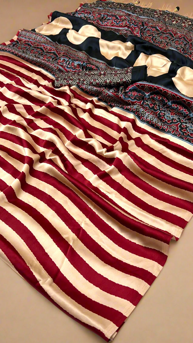 Gold and Maroon Striped Ajrakh Satin Gajji Silk Saree