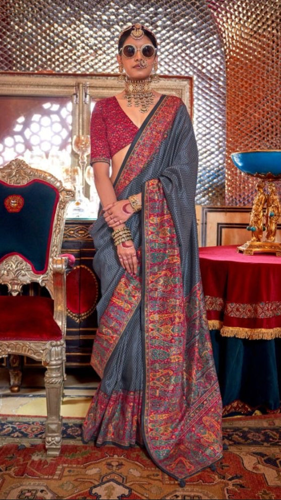 Grey Zigzag Contemporary Border Banarasi Crepe Silk Saree ERA08GRY