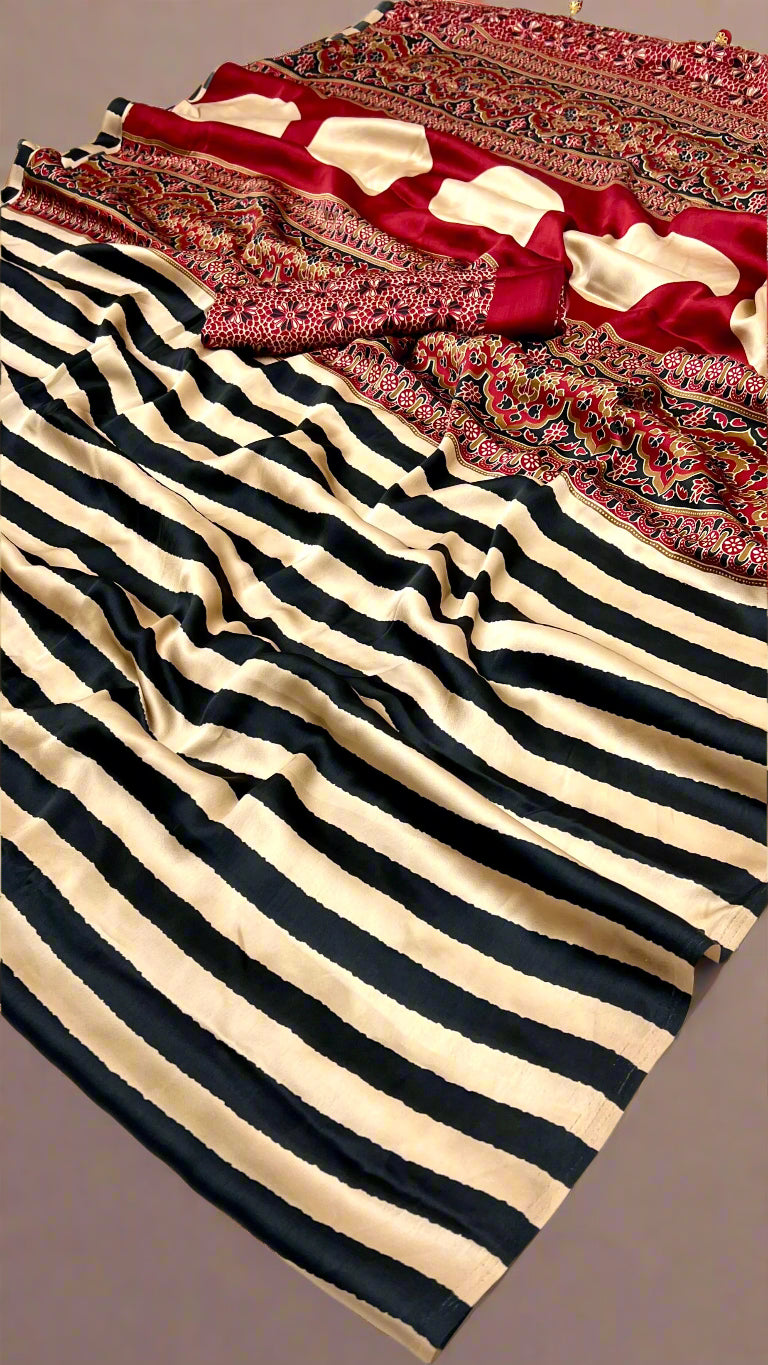 Gold and Black Striped Ajrakh Satin Gajji Silk Saree