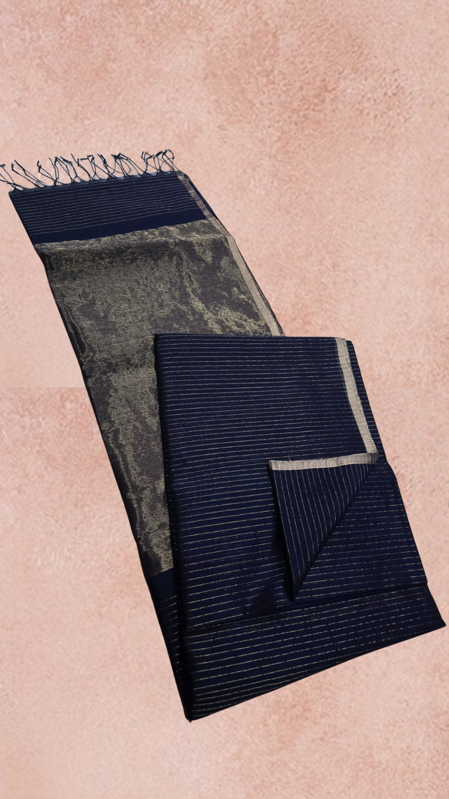 Navy Blue Gold Zari Line Handloom Pure Maheshwari Silk Saree