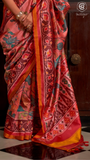 Peach Red & Yellow Kalamkari Patola Saree