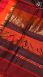 Espresso Brown with Red–Orange Handloom Pure Maheshwari Silk Saree